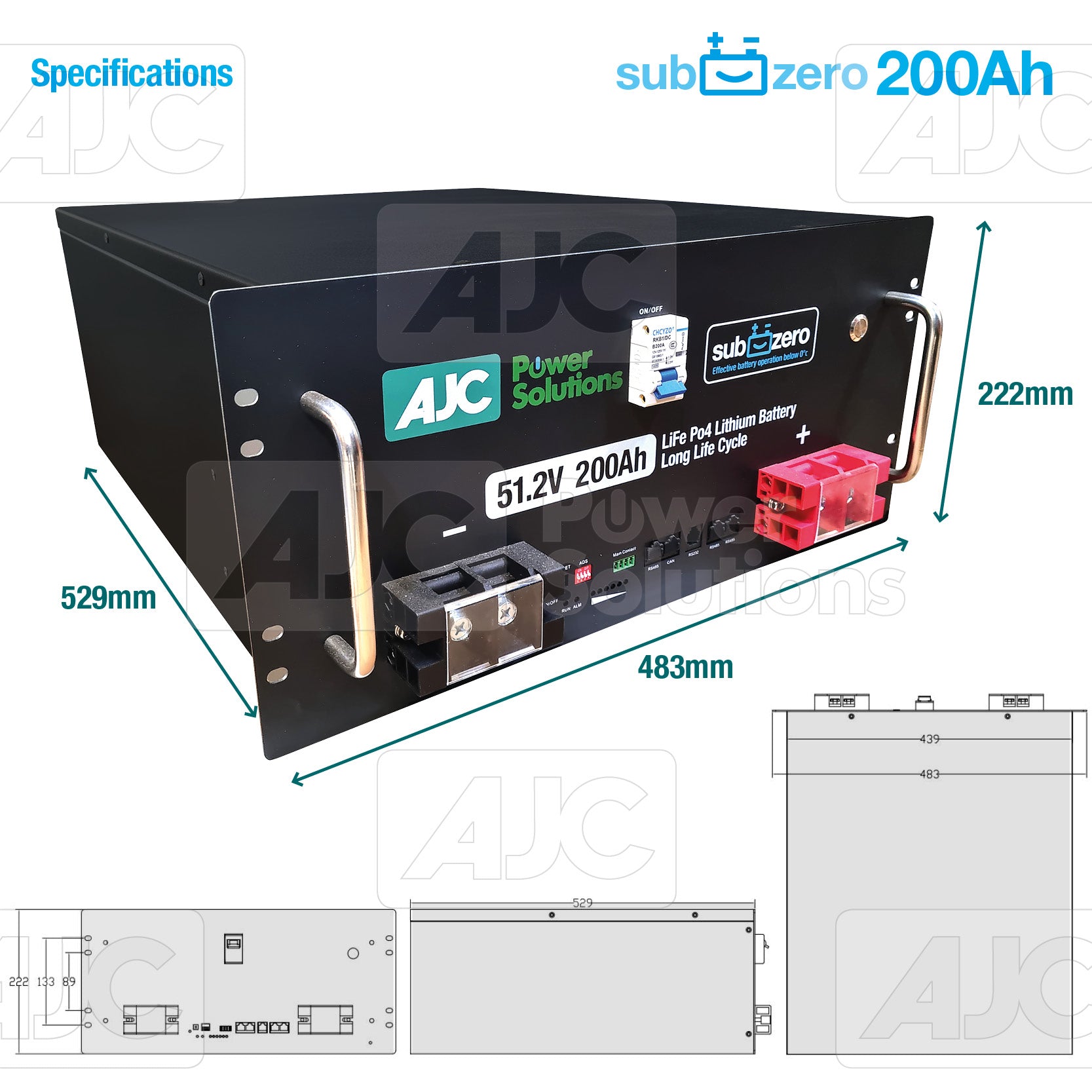AJCPS 200Ah LiFe Po4 SubZero Lithium Battery